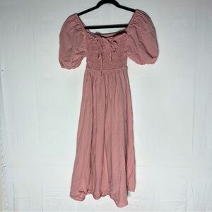 Light Pink Off Shoulder Puff Sleeve Smocked Body Midi Dress S